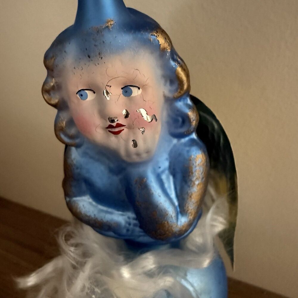 Vintage Blue Handpainted Angel Mercury Glass Christmas Tree Topper Germany W/box